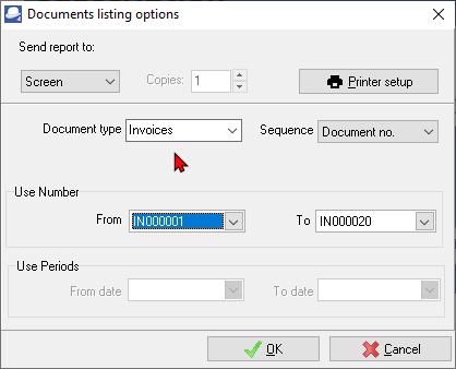 TurboCASH4 Document listing report options