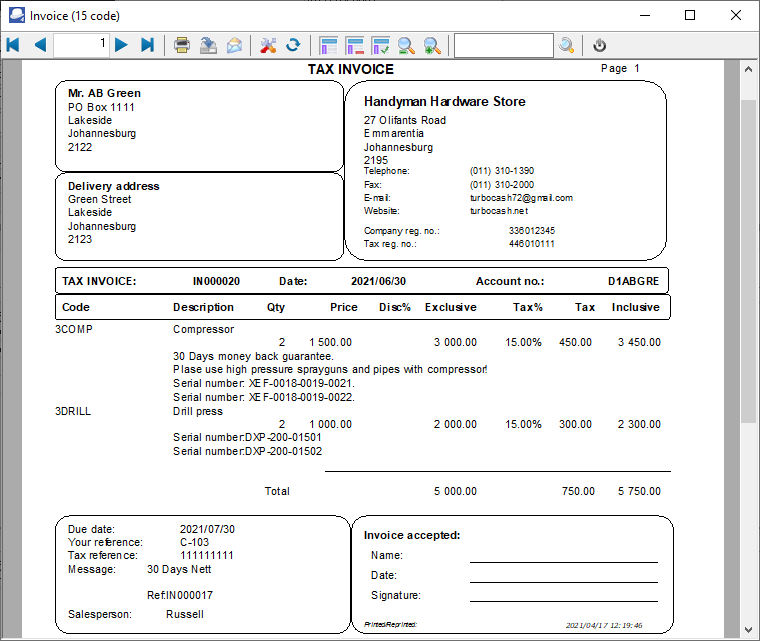 TurboCASH4 Print documents - printed invoice
