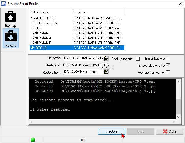 TurboCASH4 Restore Set of Books