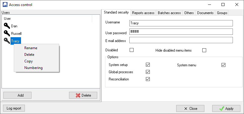 TurboCASH4 - Access control - Standard security options