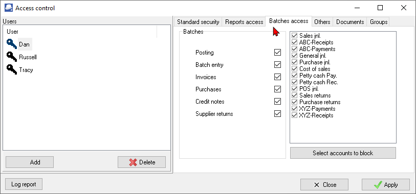 TurboCASH4 - Access control - access options&nbsp; in batches, journals