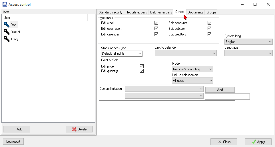 TurboCASH4 - Access control - Other options