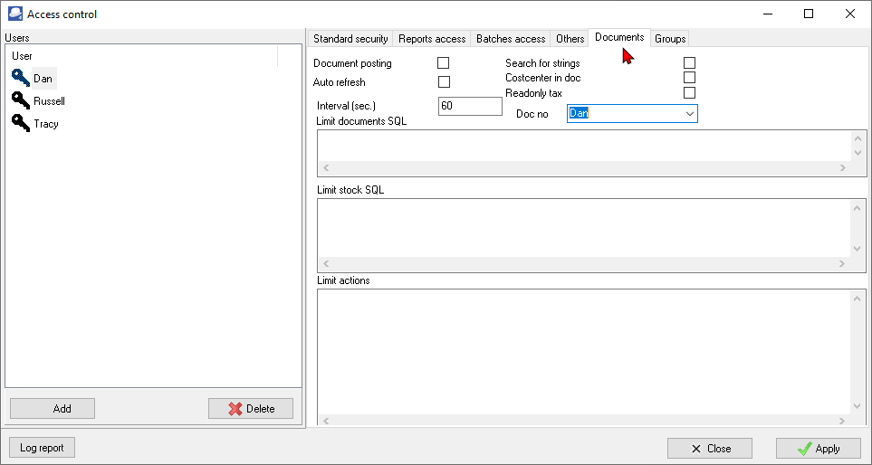 TurboCASH4 - Access control - Documents options