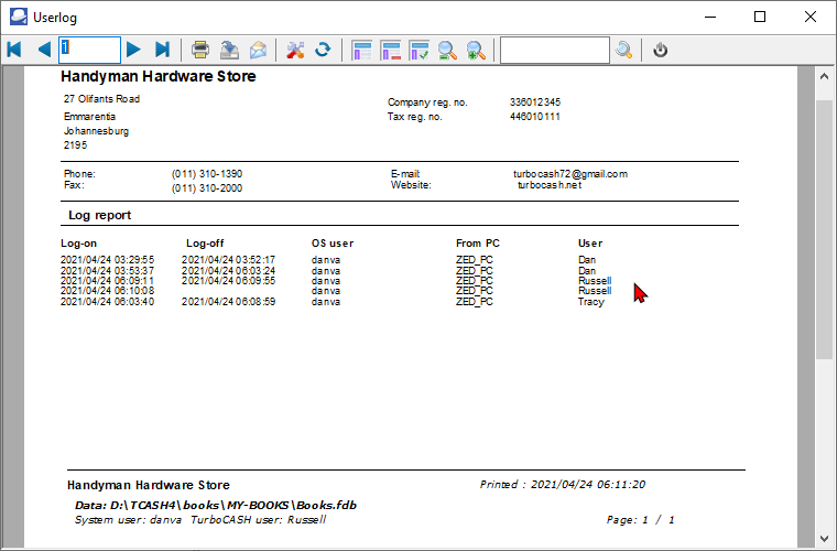 TurboCASH4 - Access control - Log report printed