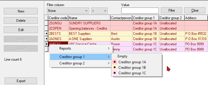 TurboCASH4 - Creditor context menu - Change groups