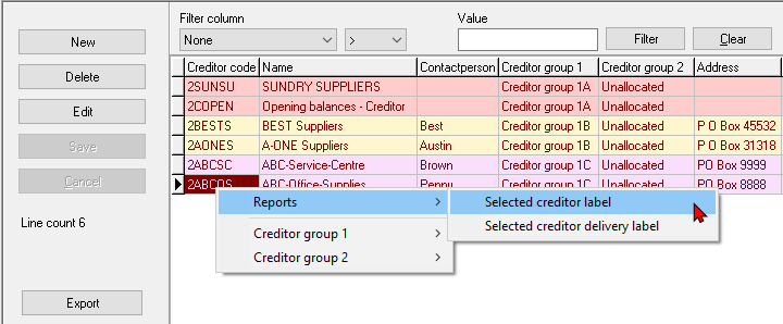 TurboCASH4 - Creditor context menu - Reports