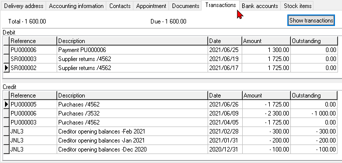 TurboCASH4 - Creditor account - Transactions tab