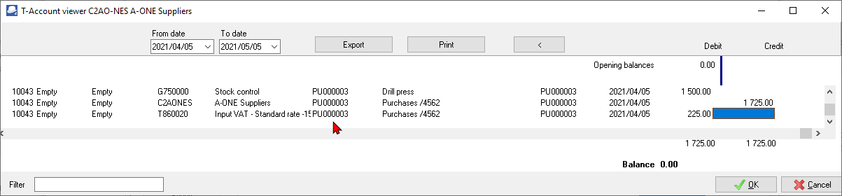 TurboCASH4 - Creditor account - Transactions tab - view transactions in T-Account viewer