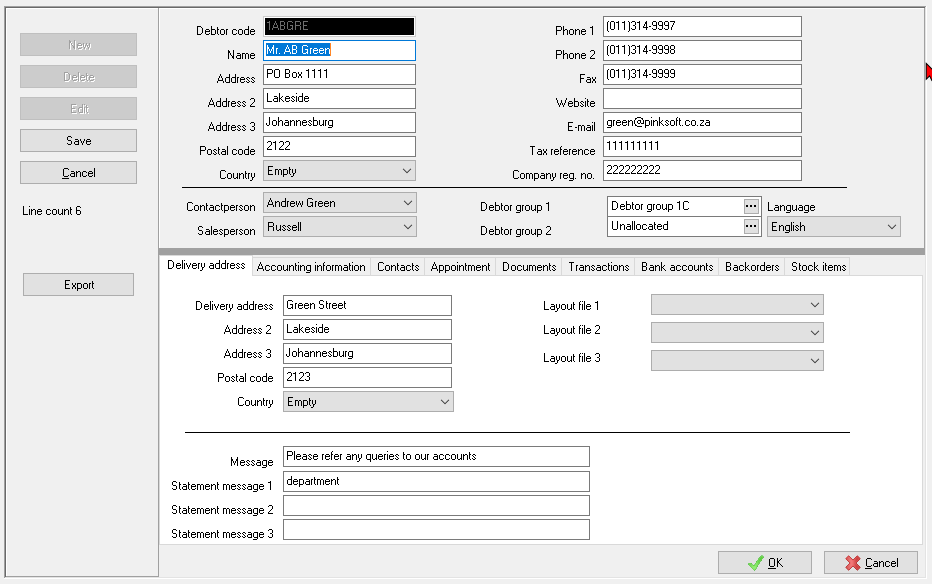 TurboCASH4 - Debtor account form