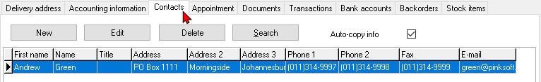 TurboCASH4 - Debtor account - Contacts tab