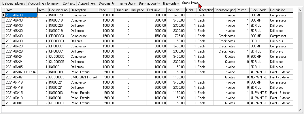 TurboCASH4 - Debtor account - Stock items tab