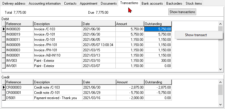 TurboCASH4 - Debtor account - Transactions tab