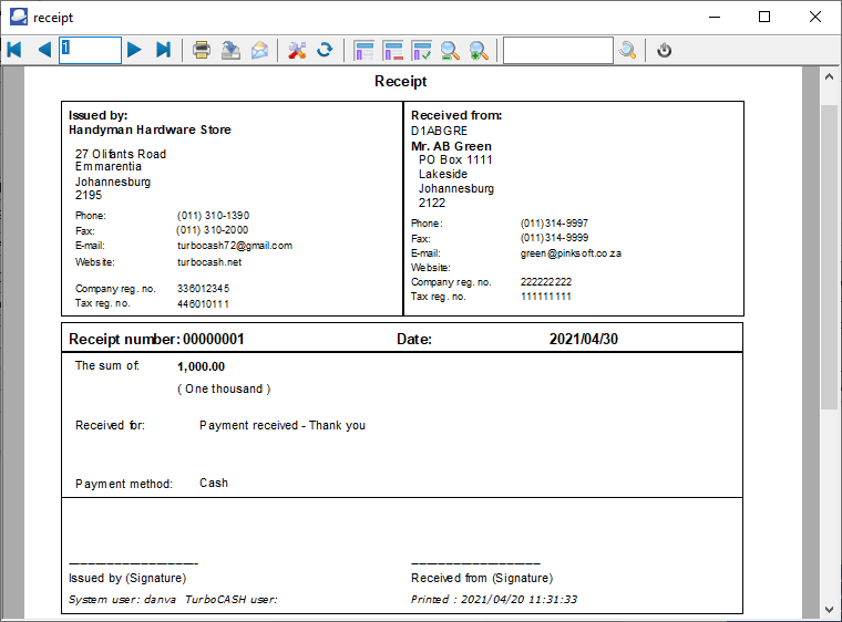TurboCASH4 Printed receipt