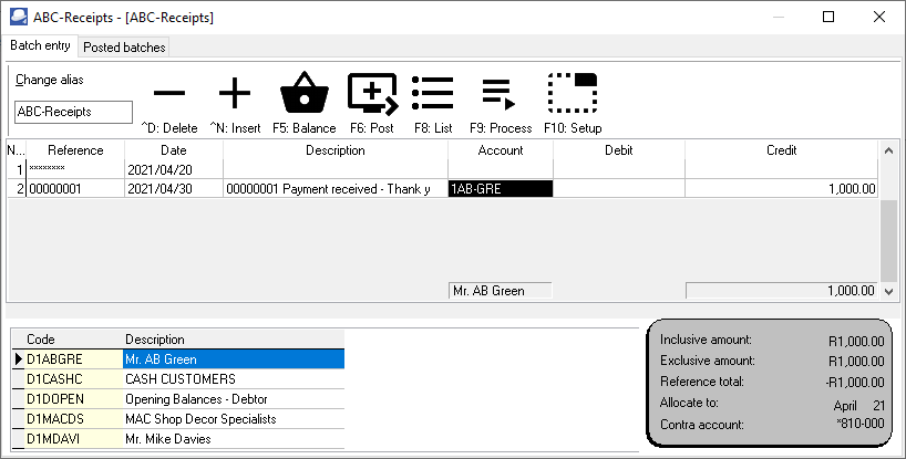 TurboCASH4 Create receipts batch transaction