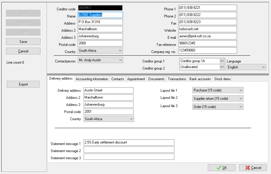 TurboCASH4 - Creditor account form