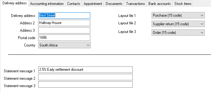 TurboCASH4 - Creditor account - Delivery address tab