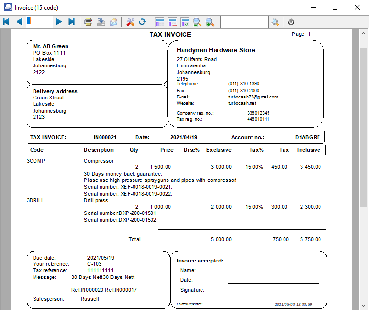 TurboCASH4 - Report designer preview invoice