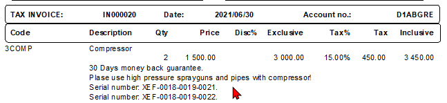 TurboCASH4 Document entry comment on printed document