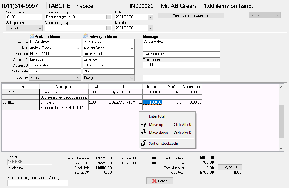 TurboCASH4 Document entry posted