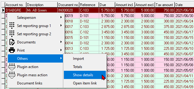 TurboCASH4 Document list screen context-menu show details option
