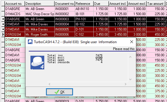 TurboCASH4 Document list screen context-menu totals