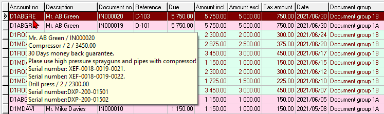 TurboCASH4 Document list screen show details