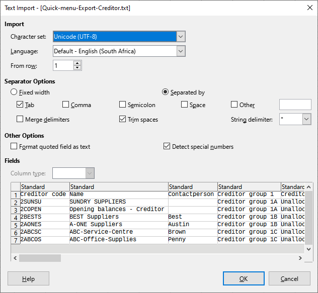 TurboCASH4 - Export / Import creditor accounts - Text import options