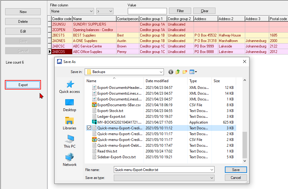TurboCASH4 - Creditor account - Export 
