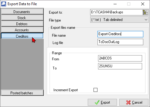 TurboCASH4 - Export creditor accounts options