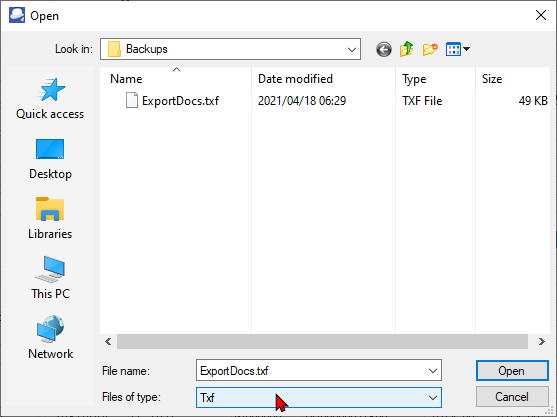 TurboCASH4 Document list screen context-menu Import open