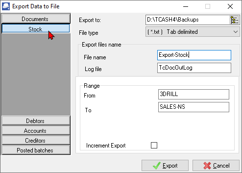 TurboCASH4 - Export stock items