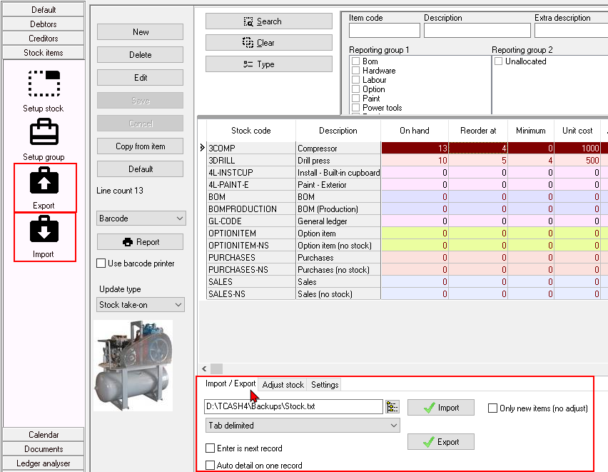 TurboCASH4 - Export / Import stock items options