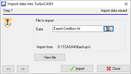 TurboCASH4 - Import creditor accounts select file