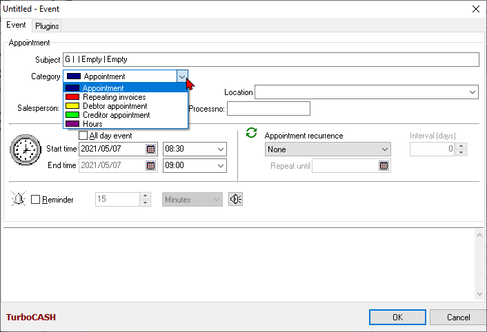TurboCASH4 Calendar create appointment