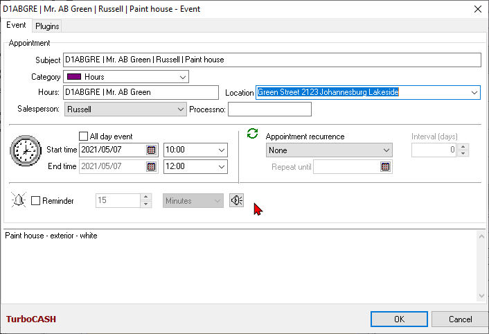 TurboCASH4 Calendar hours appointment