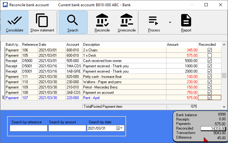 TurboCASH4 Reconcile bank account
