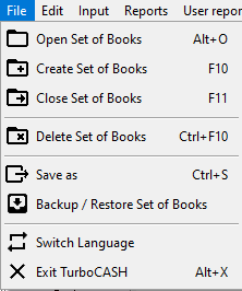 TurboCASH4 - File menu