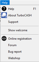 TurboCASH4 - Help menu