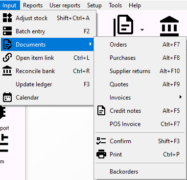 TurboCASH4 - Input - Documents menu