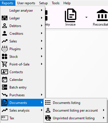 TurboCASH4 Document listing reports menu