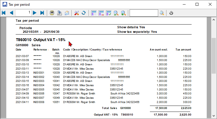TurboCASH4 Tax per period report printed Output tax VAT/GST/Sales tax