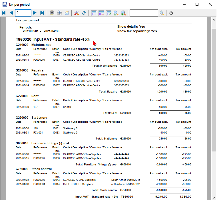TurboCASH4 Tax per period report printed Input tax standard rate VAT/GST/Sales tax