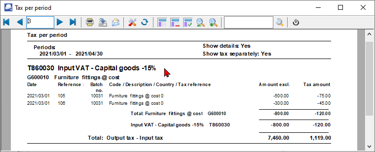 TurboCASH4 Tax per period report printed Input tax capital goods rate VAT/GST/Sales tax