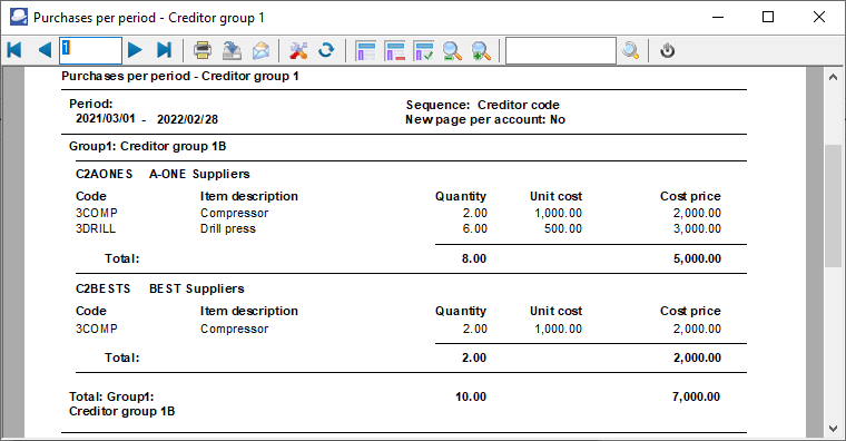 TurboCASH4 - Purchases per period report printed