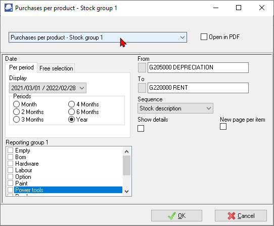 TurboCASH4 - Purchases per product report options