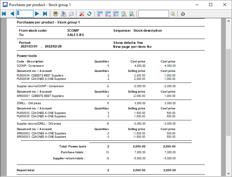 TurboCASH4 - Purchases per product report printed details