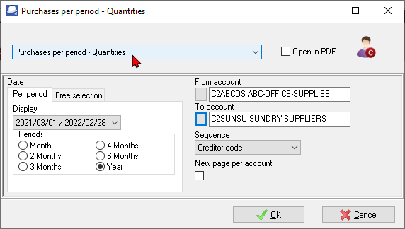 TurboCASH4 - Purchases per period per account report options