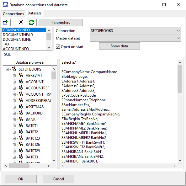 TurboCASH4 - Report designer database connections and datasets