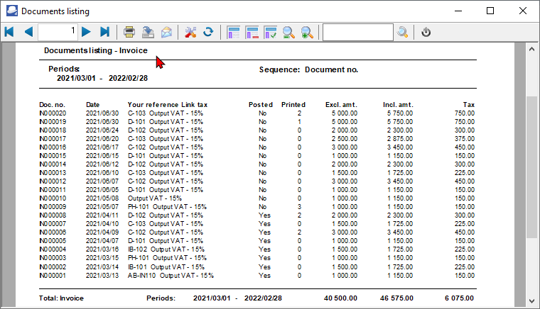 TurboCASH4 Document listing report printed