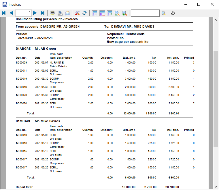 TurboCASH4 Document listing per account - invoices printed